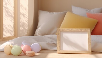Cozy corner vignette frame, macarons, pillows by window