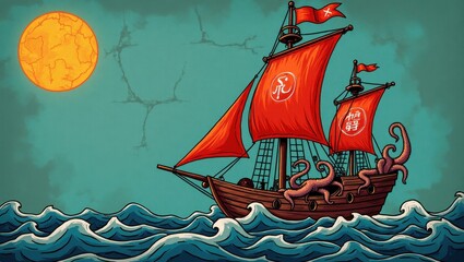 Naklejka premium Mysterious pirate ship with red sails and tentacles on the open sea