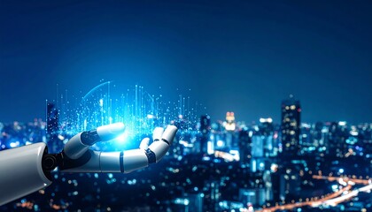 Robotic hand displays glowing digital sphere over cityscape at night