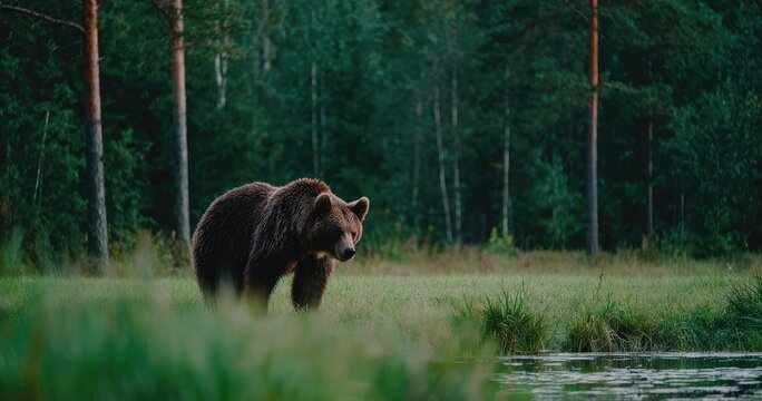 Majestic brown bear prowls through a grassy meadow near a tranquil forest edge - Powered by Adobe
