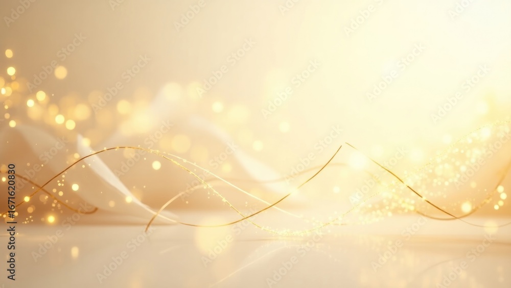 Poster a soft, elegant backdrop features flowing golden lines and shimmering golden lights on a light beige