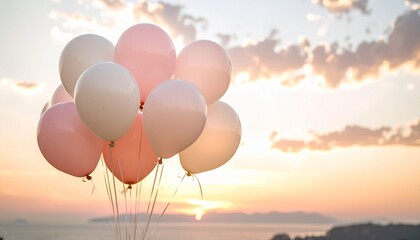 Fototapeta premium Pink White Balloons Sky Sunset Celebration Party Pastel Aesthetic