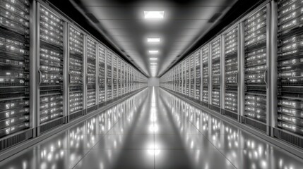 Fototapeta premium Futuristic data center corridor with illuminated server racks and reflective floor surfaces