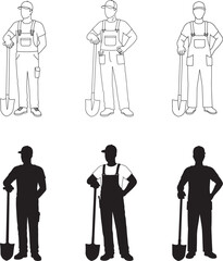Construction worker with shovel in line art and silhouette style variations