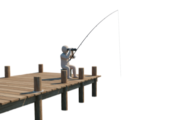 Isolated figure with fishing rod and binoculars sits on wooden pier, angling hobby