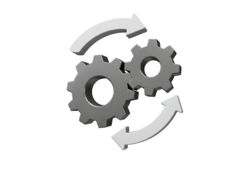 Isolated Two gears in mesh with rotation arrows, gray technology elements on clear