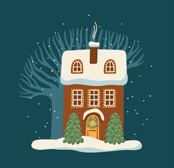 Holiday house illustration. Christmas decorations. New Year symbols. Vector design
