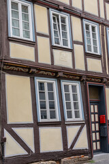Close up of traditional half timbered house with historic windows in Hann Münden
