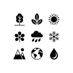 Collection of nature and weather icons tree leaves sun cloud rain snowflake mountains earth water droplet
