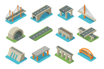 Naklejka premium Isometric set of infrastructure icons featuring bridges, roads, and tunnels