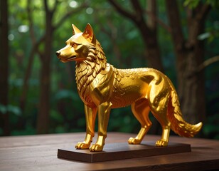 Golden wolf figurine in forest backdrop