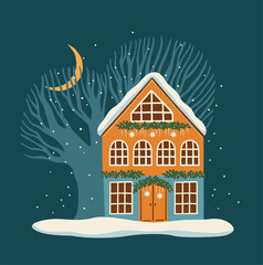 Holiday house illustration. Christmas decorations. New Year symbols. Vector design