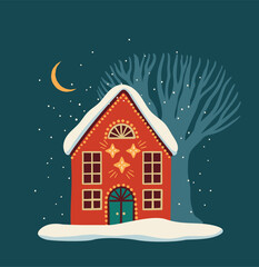 Holiday house illustration. Christmas decorations. New Year symbols. Vector design