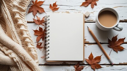 A cozy autumnal scene with a blank notebook, warm sweater, coffee, and fallen leaves on a weathered white wooden table.