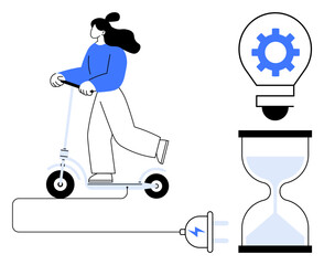Woman on electric scooter connected to a power plug, light bulb with gear symbol, and hourglass. Ideal for innovation, sustainability, mobility, time management, clean energy, creativity lifestyle