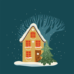Holiday house illustration. Christmas decorations. New Year symbols. Vector design