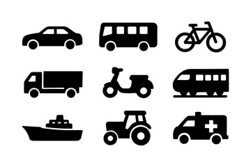 Simple transportation icons: cars, buses, bikes, trucks, and more