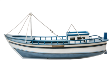 Blue and white fishing boat model isolated on a transparent background maritime nautical