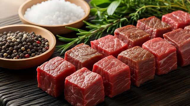Arrangement of raw beef cubes with salt, pepper, and herbs on a wooden board, showcasing fresh ingredients for a gourmet culinary experience