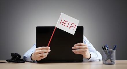 Frustrated worker behind laptop holding a HELP! flag