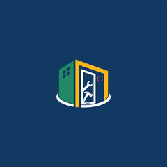Creative vector logo showing a building with tools integrated into the design, symbolizing repair, construction, and maintenance services. Perfect for workshops, contractors, and industrial businesses