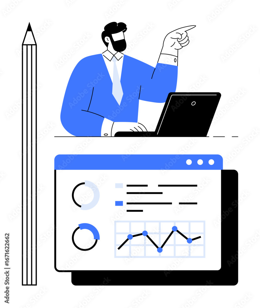 Aufkleber businessperson pointing while working on a laptop. bar charts, graphs, pie charts emphasizing data a