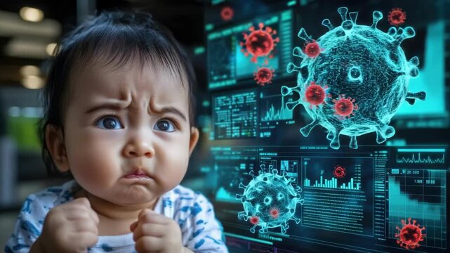 Asian baby observing digital virus simulation on screen with concerned expression. hMPV, Human metapneumovirus