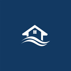 Minimalist vector logo featuring a house with flowing wave elements, symbolizing real estate, waterfront property, vacation homes, or modern architecture. Perfect for construction, housing, and proper