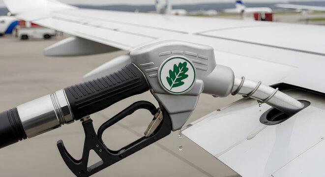 A fuel nozzle with a green leaf symbol representing sustainable aviation fuel is refueling an airplane wing