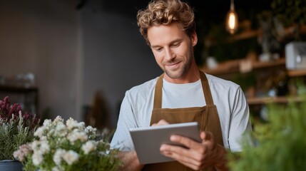 Young florist arranging flowers and using a tablet in a cozy plant shop during the afternoon