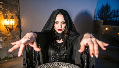 Woman in black robe casting spell outdoors