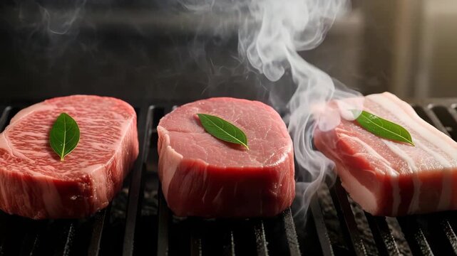 Three cuts of raw meat, including beef and pork, are arranged on a grill with leaves, ready for a barbecue or gourmet meal