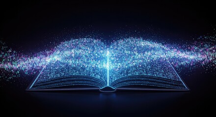 An open book emitting a stream of glowing blue and purple particles, symbolizing knowledge and digital information.