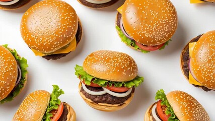 Overhead view of a variety of delicious homemade hamburgers with fresh ingredients like lettuce, tomato, onion, and cheese on a white surface - Powered by Adobe