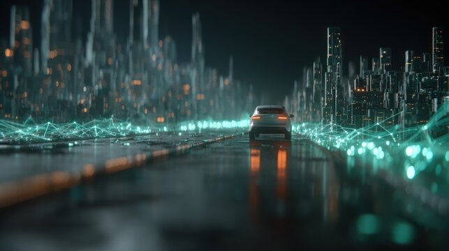Car travels a glowing road towards a futuristic, digital city skyline at night
