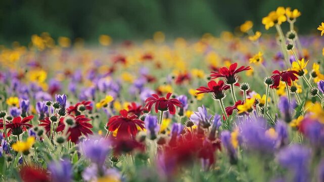 Vibrant wildflower field in bloom, captured at eye level. The colorful mix of flowers creates a lively, immersive video backdrop. Live desktop wallpaper.