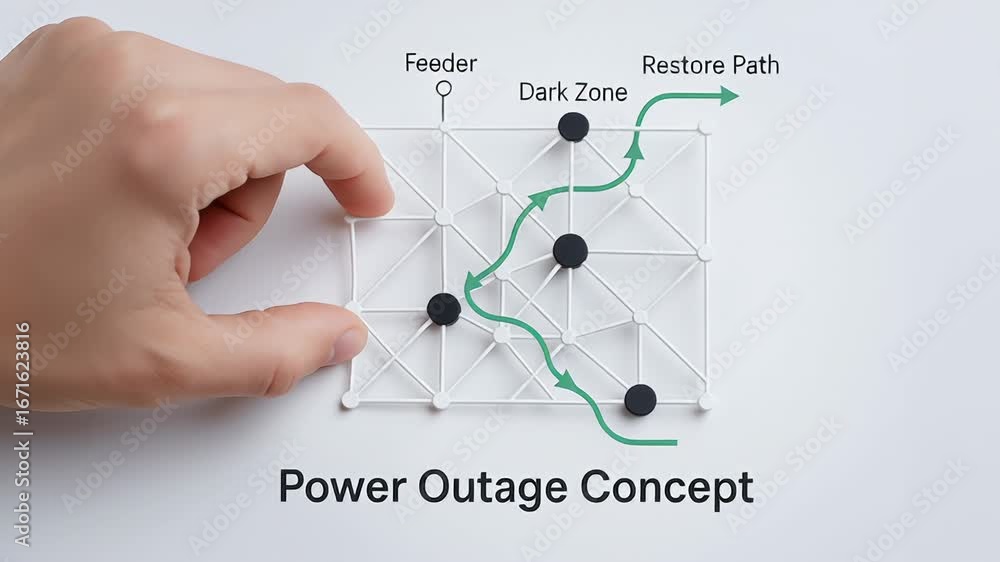 Aufkleber power outage concept with hand holding network model featuring feeder dark zone and restore path for