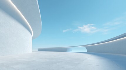 Modern, curved white building against pale blue sky, minimalist