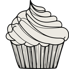 Hand-drawn muffin line art vector, abstract doodle cupcake outline, simple black and white bakery illustration