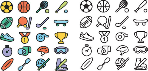 Colorful and Line Art Sports Icons Set.