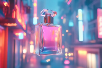 Slats personalizados com sua foto A perfume bottle hangs in a neon-lit city street.