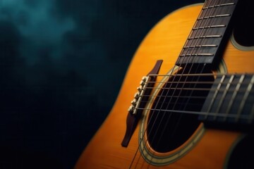 Obraz premium Acoustic guitar in spotlight, smoky dark background, close-up strings , high resolution, texture, music
