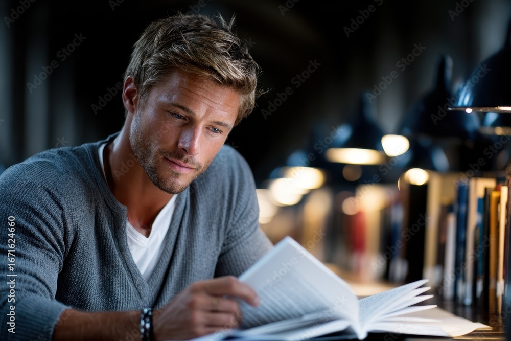 Poster focused man reading a book in a softly lit library setting