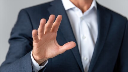 The CEO's confident body language during a speech, raising his hand to emphasize a point.