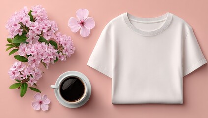 Blank white t-shirt, coffee cup, and pink flowers on pastel pink background
