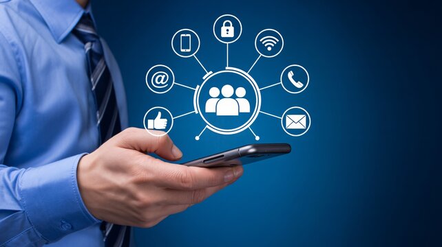 Businessman connecting with team via smartphone app, modern communication