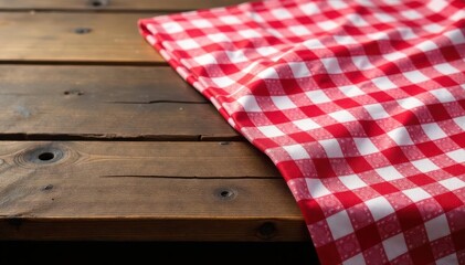 Red gingham tablecloth edge, rustic wood table , background, vertical, overhead