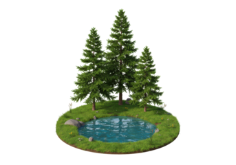Isolated landscape model of a small pond surrounded by grass and fir trees for a park or garden