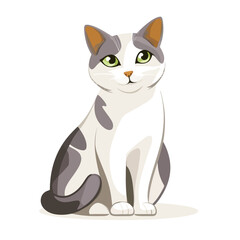 Obraz premium A charming gray and white cat sits attentively, its bright green eyes gazing forward. The cats fur features distinct patches, highlighting its playful nature against a plain backdrop.