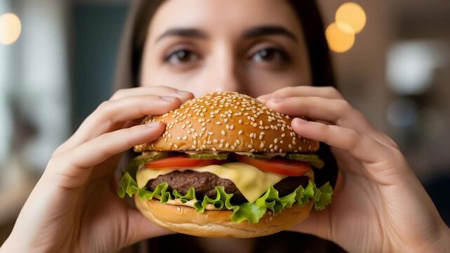 Closeup of a woman holding a burger with both hands, showcasing the fresh ingredients and the anticipation of enjoying a delicious meal in a restaurant